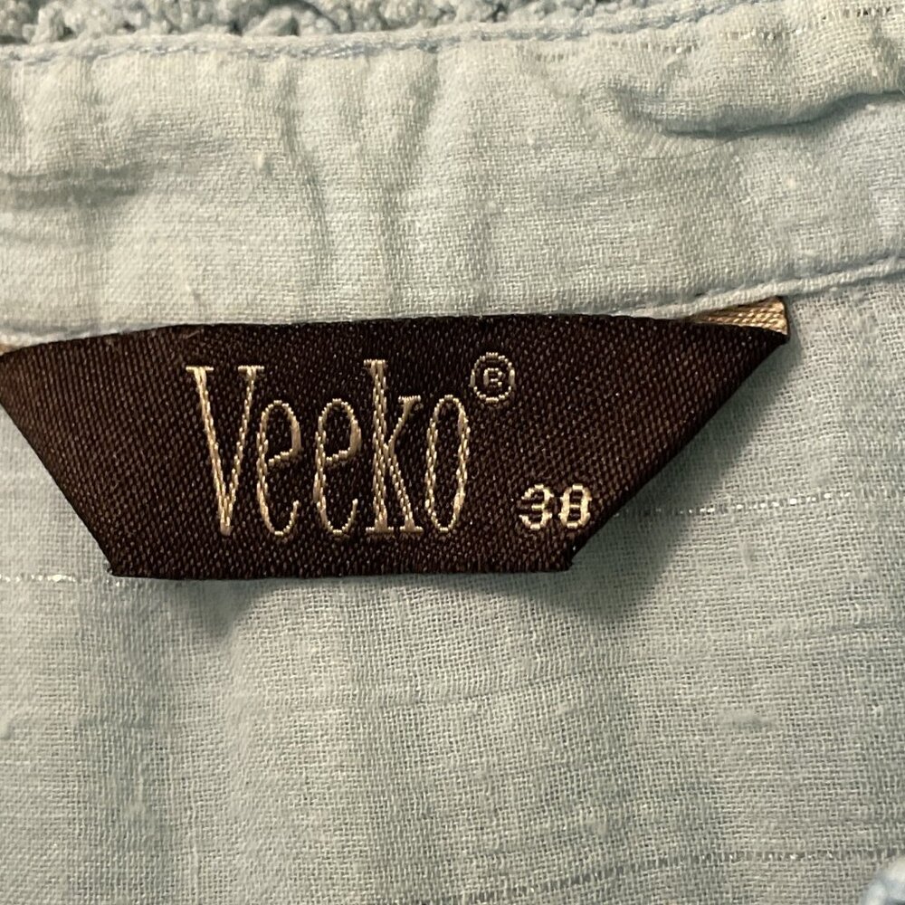 Veeko Wms Sz 38 (US 8) Light Blue Embroidered Peasant Top Ruffles Crepe Fabric - Picture 8 of 11